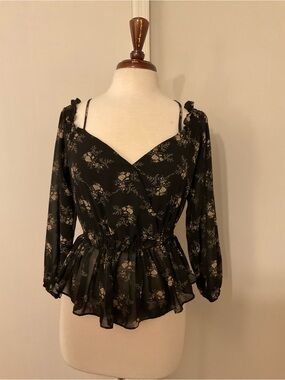 Papermoon Black Floral Wrap-Peplum Blouse